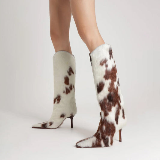 Cow Pony Hair Pointed-Toe Simple Wide Calf Knee High Stiletto Boots