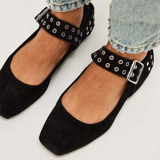 Black Suede Square-Toe Studded Adjustable Strap With Buckle Flats