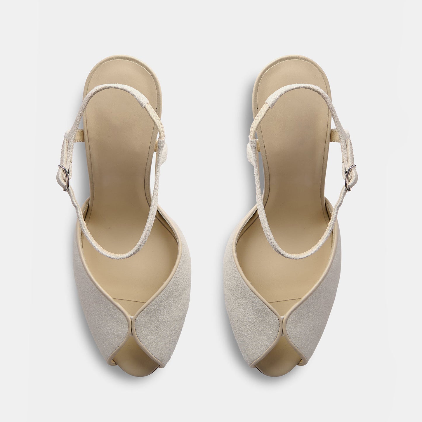 Ecru Faux Suede Peep Round-Toe Slingback And Ankle Strap Chic High Heels