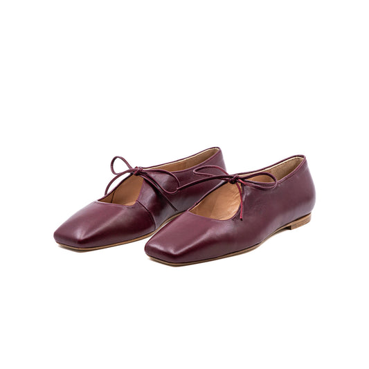 Burgundy Vegan Leather Square-Toe Vamp Strap With Bow Ballet Flats