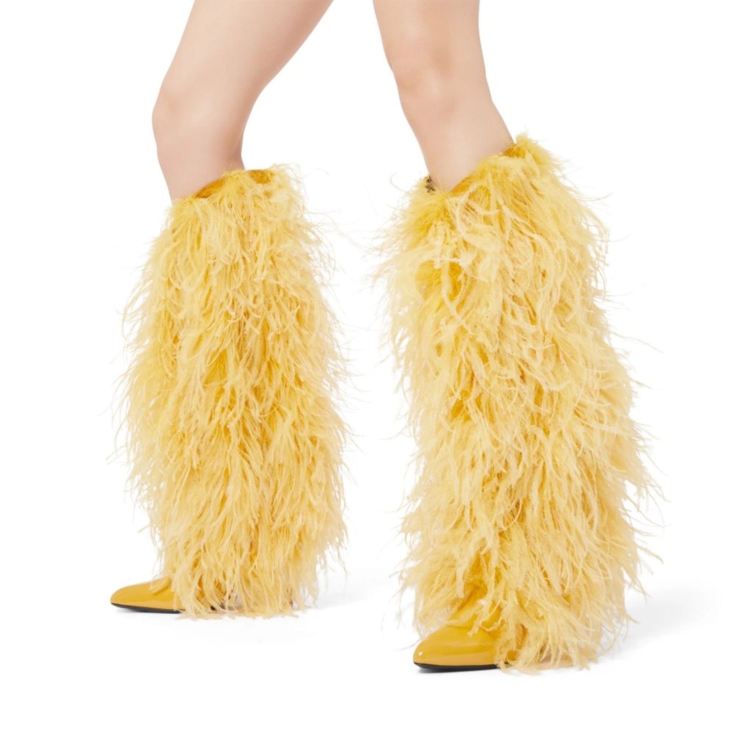 Patent Yellow Pointed-Toe Full Feather Wide Calf Knee High Stiletto Boots
