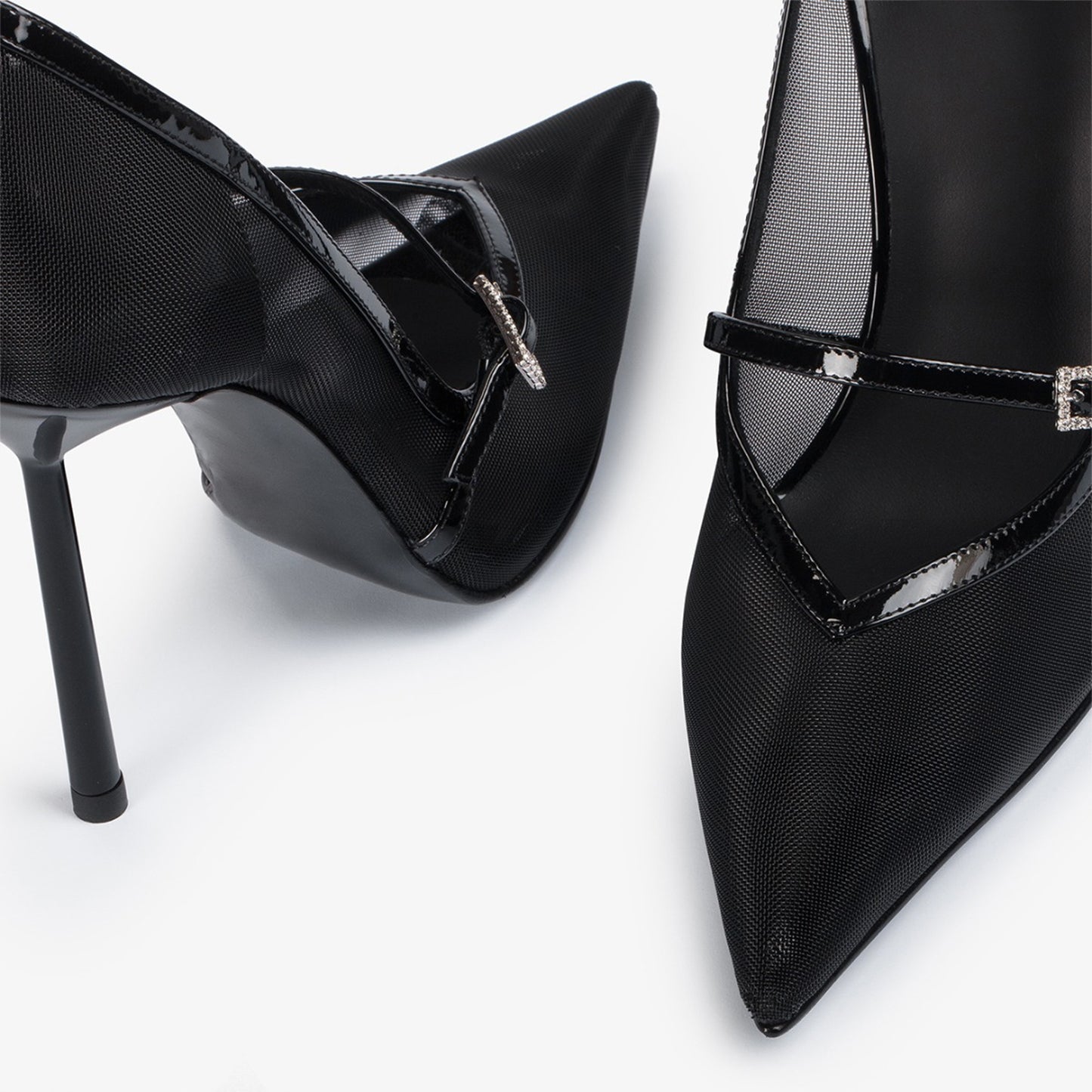 Black Mesh Pointed-Toe Patent Bridge Strap High Heels