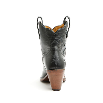 Black Snip-Toe Heart Inlay Horseshoe Embroidery Ankle Cowgirl Boots
