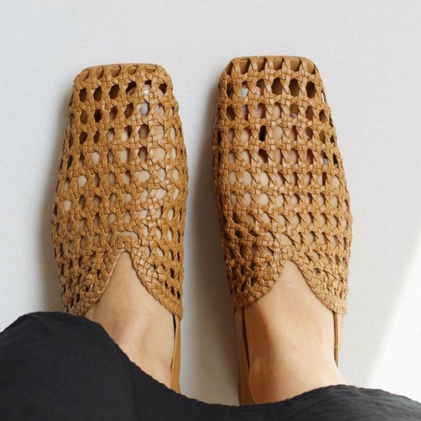 Ochre Woven Vegan Leather Square-Toe Buckle Slingback Flats