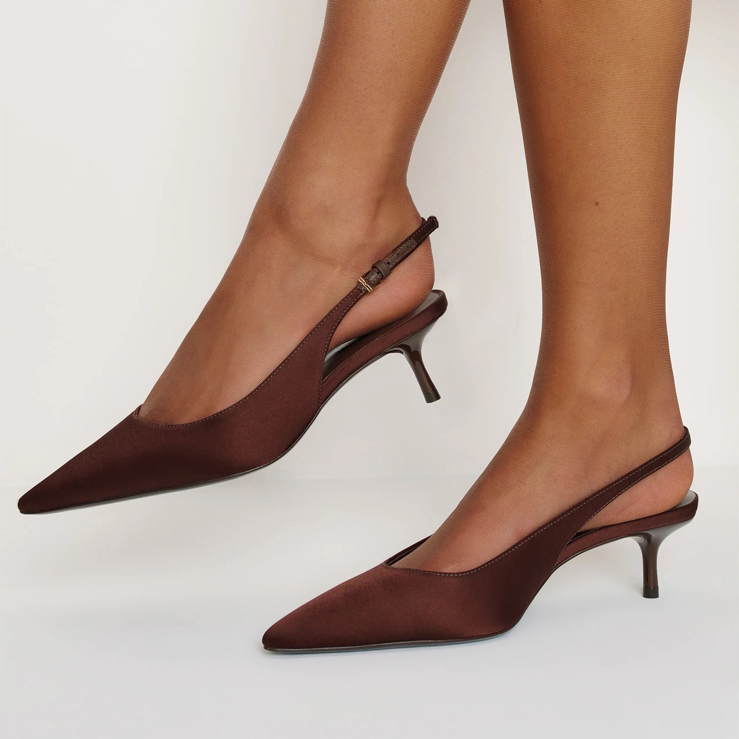 Coffee Satin Pointed-Toe Classic Kitten Heels With Slingback