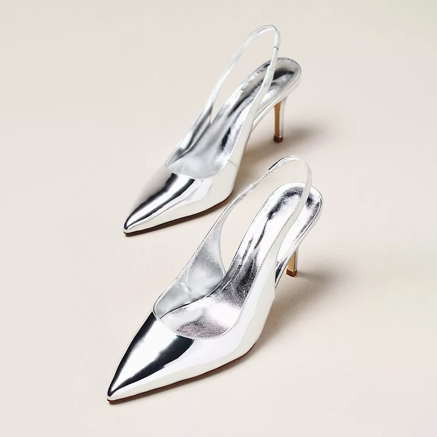 Metallic Sliver Pointed-Toe Classic Simple Slingback Kitten Heels