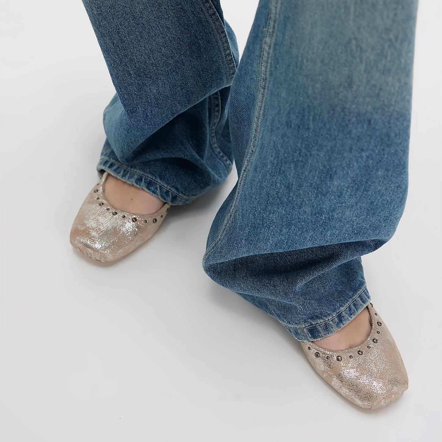 Metallic Champagne Square-Toe Wraparound Straps Studded Ballet Flats