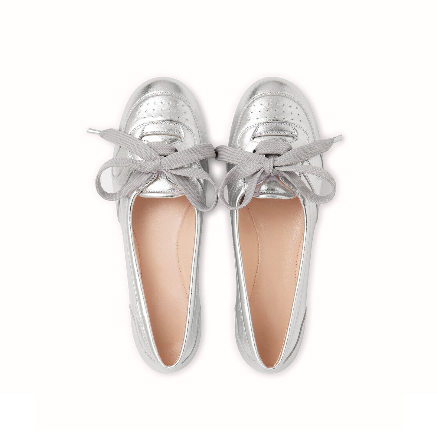 Metallic Silver Round-Toe Front Lace-Up Slip-On Ballet Flats