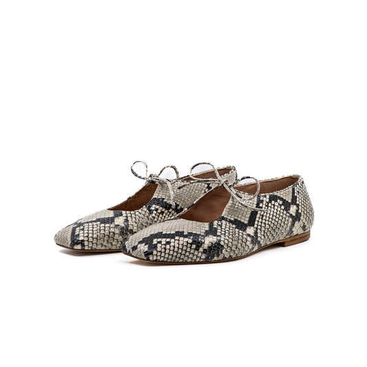 Snakeskin Print Vegan Leather Square-Toe Vamp Strap With Bow Ballet Flats
