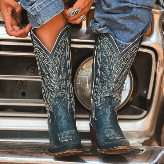 Teal Pointed-Toe Western Embroidery Mid Calf Cowgirl Boots