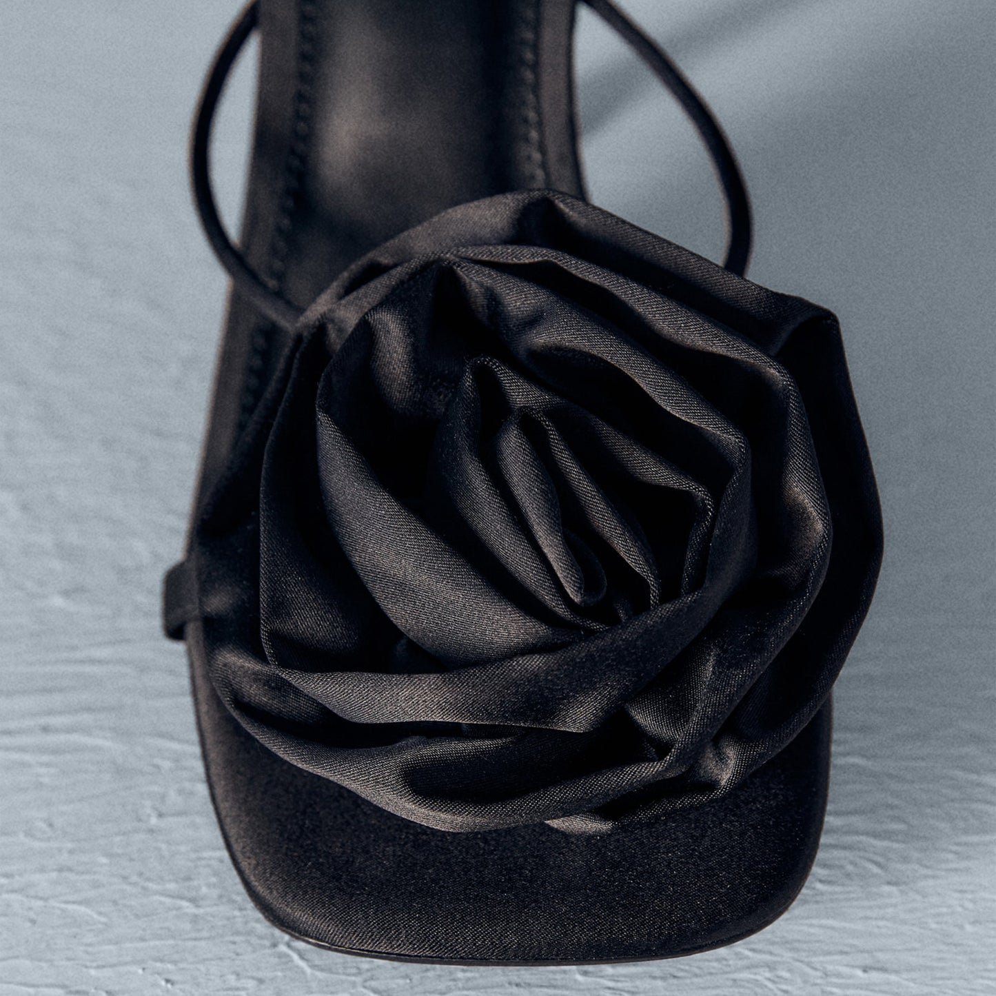 Black Satin Square-Toe Big Front Flower Slingback High Heels