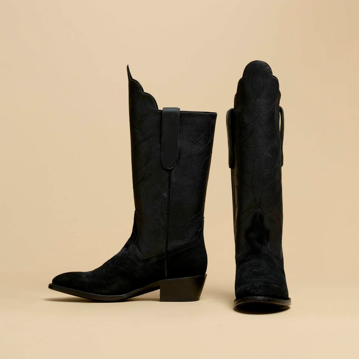 Black Round-Toe Classic Embroidery Mid Calf Cowgirl Boots For Women