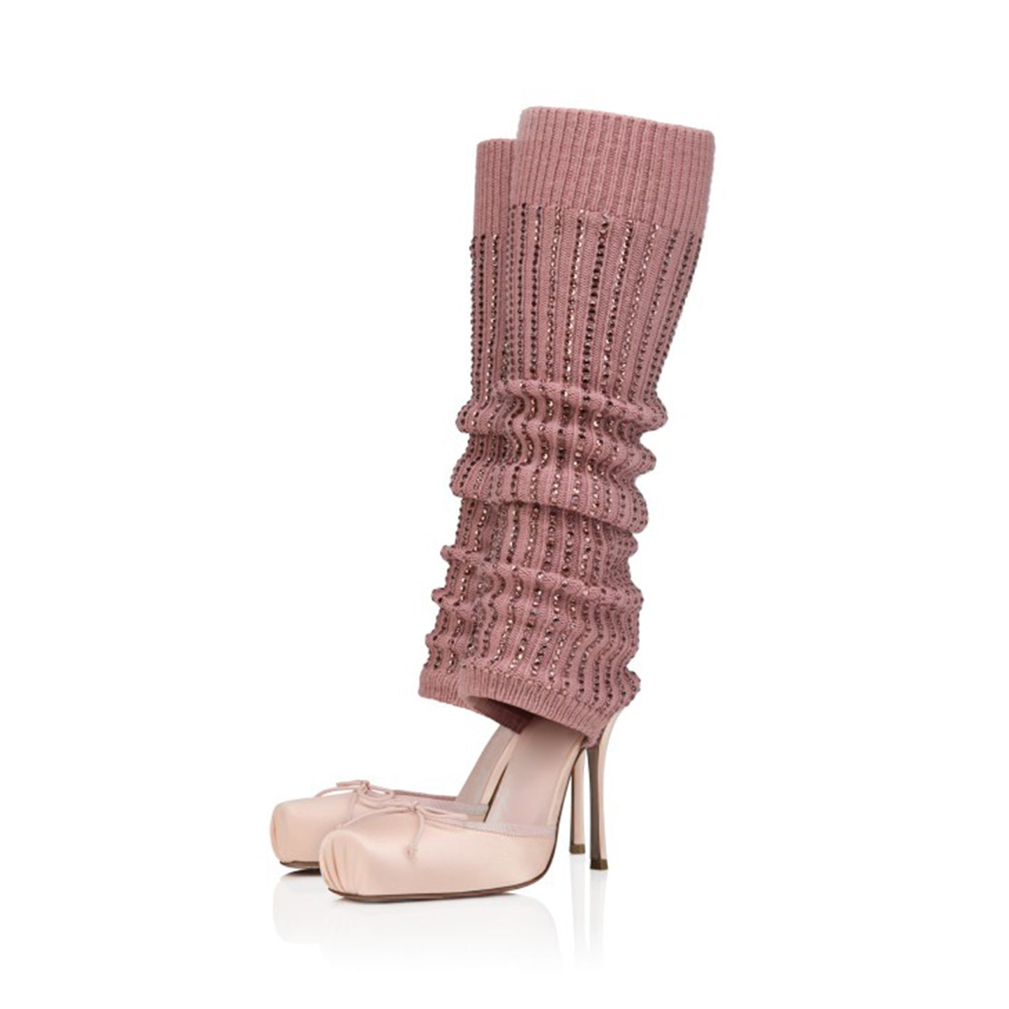 Satin Square-Toe Pink Woolen Shaft With Rhinestone Knee High Stiletto Boots