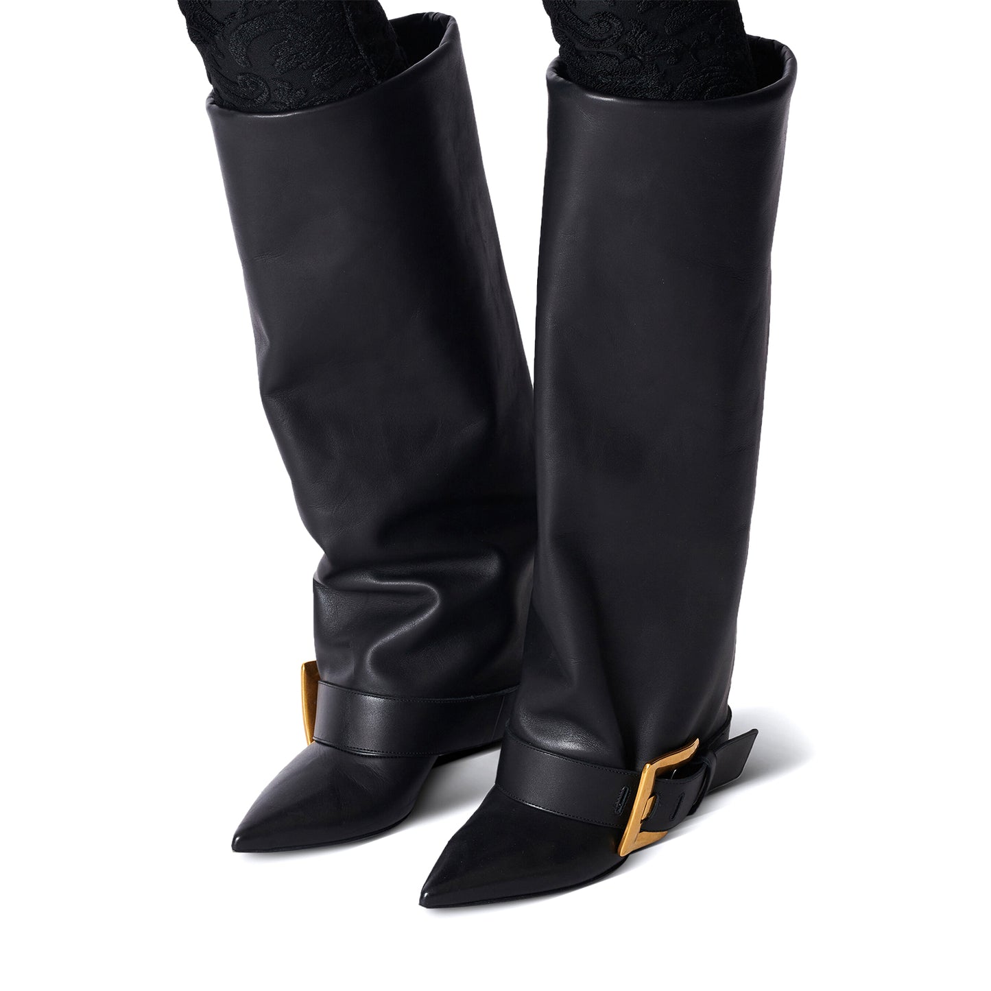 Black Pointed-Toe Bottom Buckle Fold-Over Wide Calf Knee High Stiletto Boots
