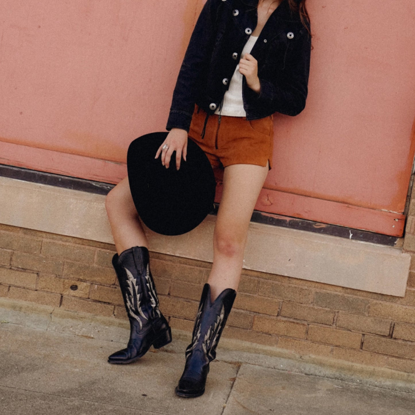 Black Snip-Toe Bone Snakeskin Print Inlay Mid Calf Cowgirl Boots