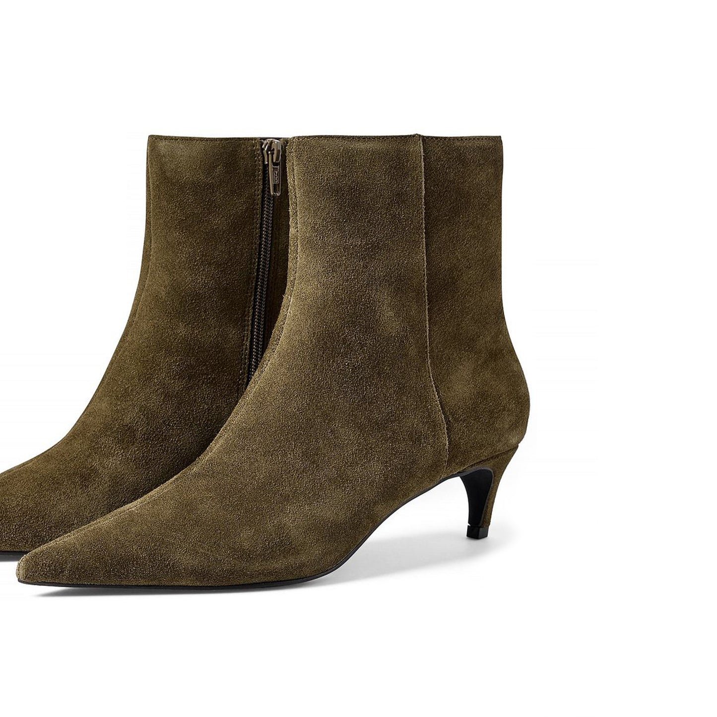 Khaki Faux Suede Pointed-Toe Full-Zip Ankle Stiletto Boots