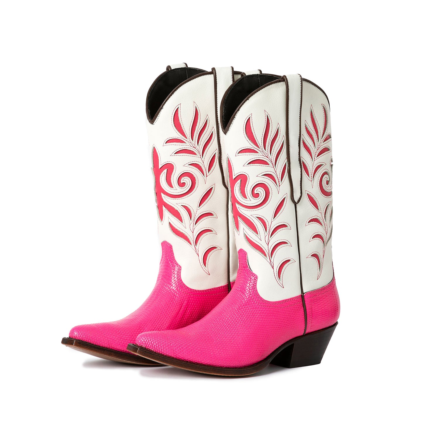 Contrast White And Pink Lizard Print Pointed-Toe Inlays Mid Calf Cowgirl Boots