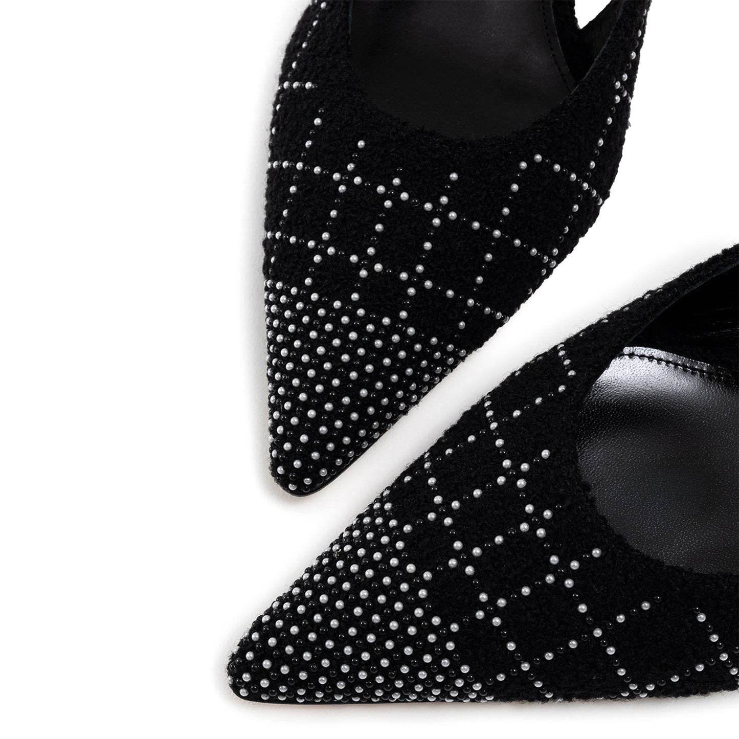 Black Tweed With Pearls Pointed-Toe Slingback Slip-On Kitten Heels