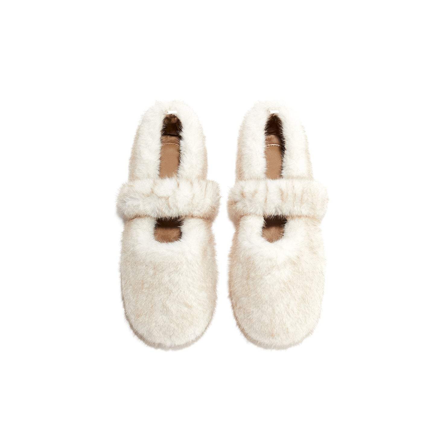 Light Beige Plush Round-Toe Bridge Strap Flats