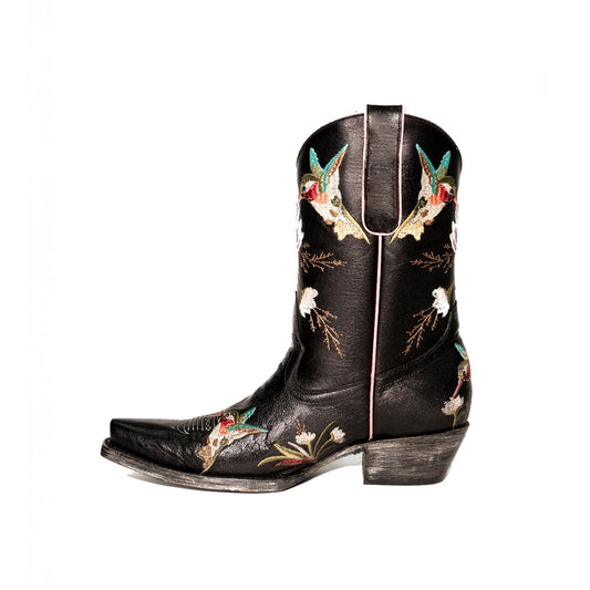 Black Snip-Toe Vivid Flowers And Bird Embroidery Ankle Cowgirl Boots
