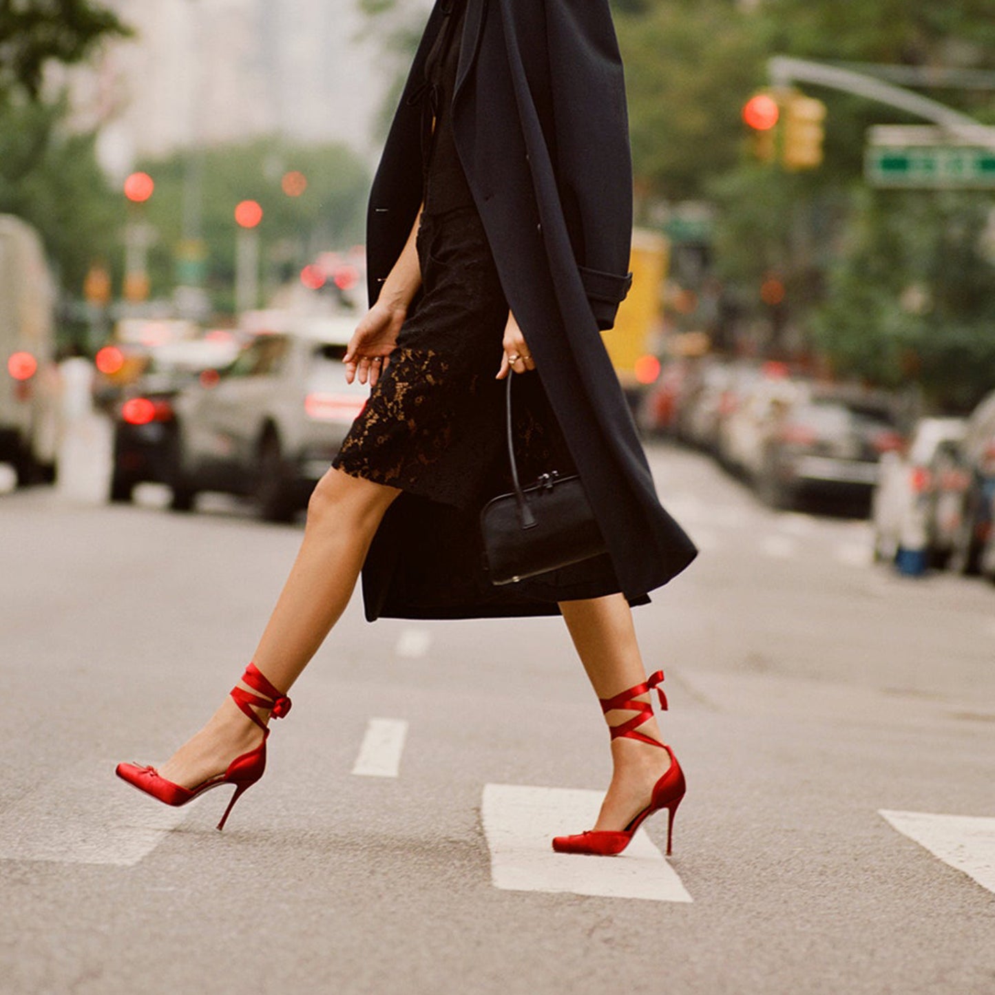 Red Satin Square-Toe Front Bow Ankle Strap Slip-On High Heels