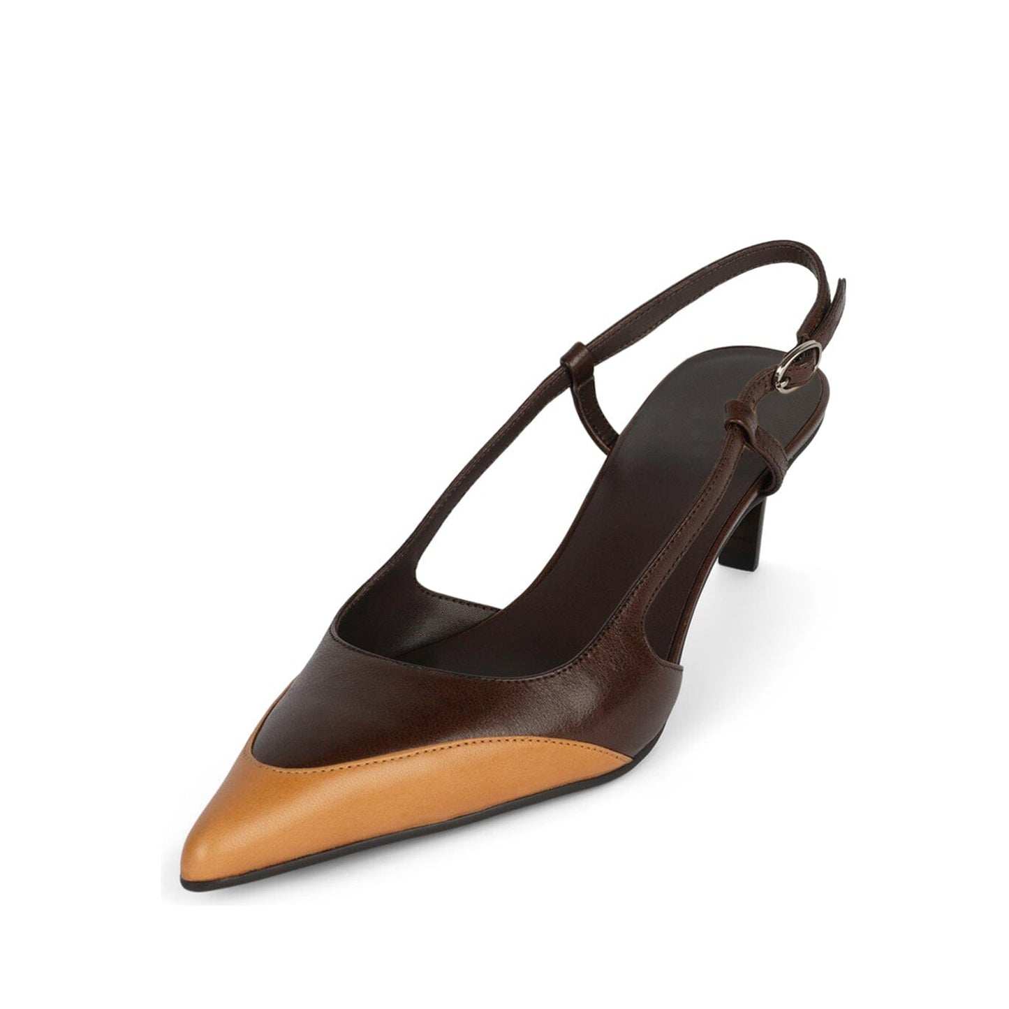 Brown And Tan Pointed-Toe Slingback Chic Kitten Heels