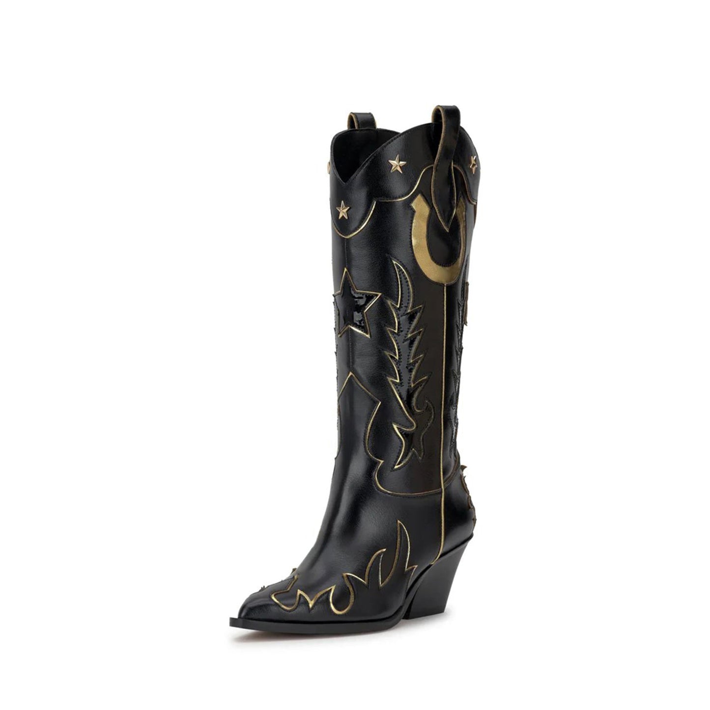 Black Almond-Toe Horseshoe Inlay Star Studs And Applique Mid Calf Cowgirl Boots
