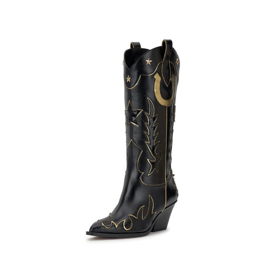 Black Almond-Toe Horseshoe Inlay Star Studs And Applique Mid Calf Cowgirl Boots