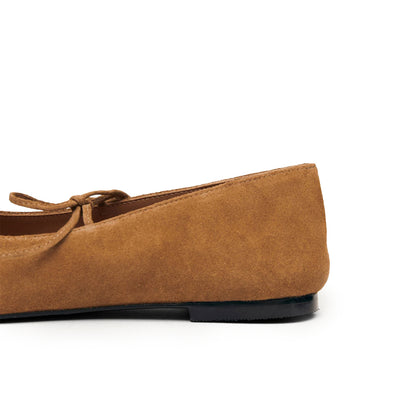 Tan Faux Suede Square-Toe V-Cut Vamps Bridge Self-Tie Bow Ballet Flats