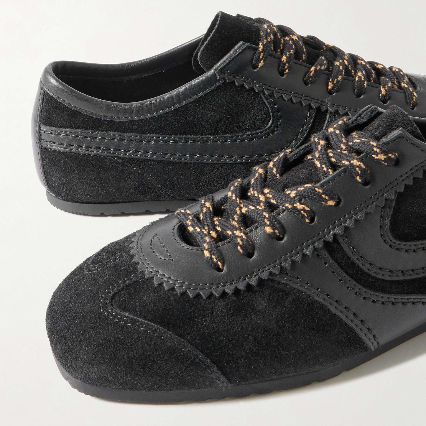 All Black Contrast Faux Suede And Vegan Leather Square-Toe Lace-Up Sneakers Flats