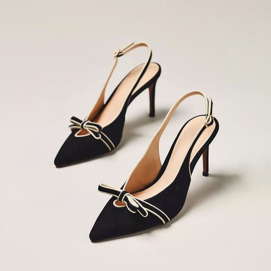 Black Suede Pointed-Toe Front Bow Slingback Ankle Strap Kitten Heels