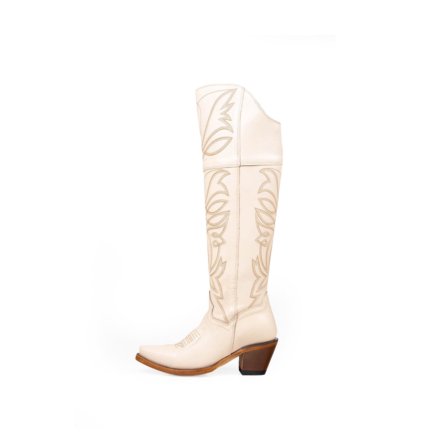 White Snip-Toe Half-Zip Western Embroidery Knee High Cowgirl Boots.