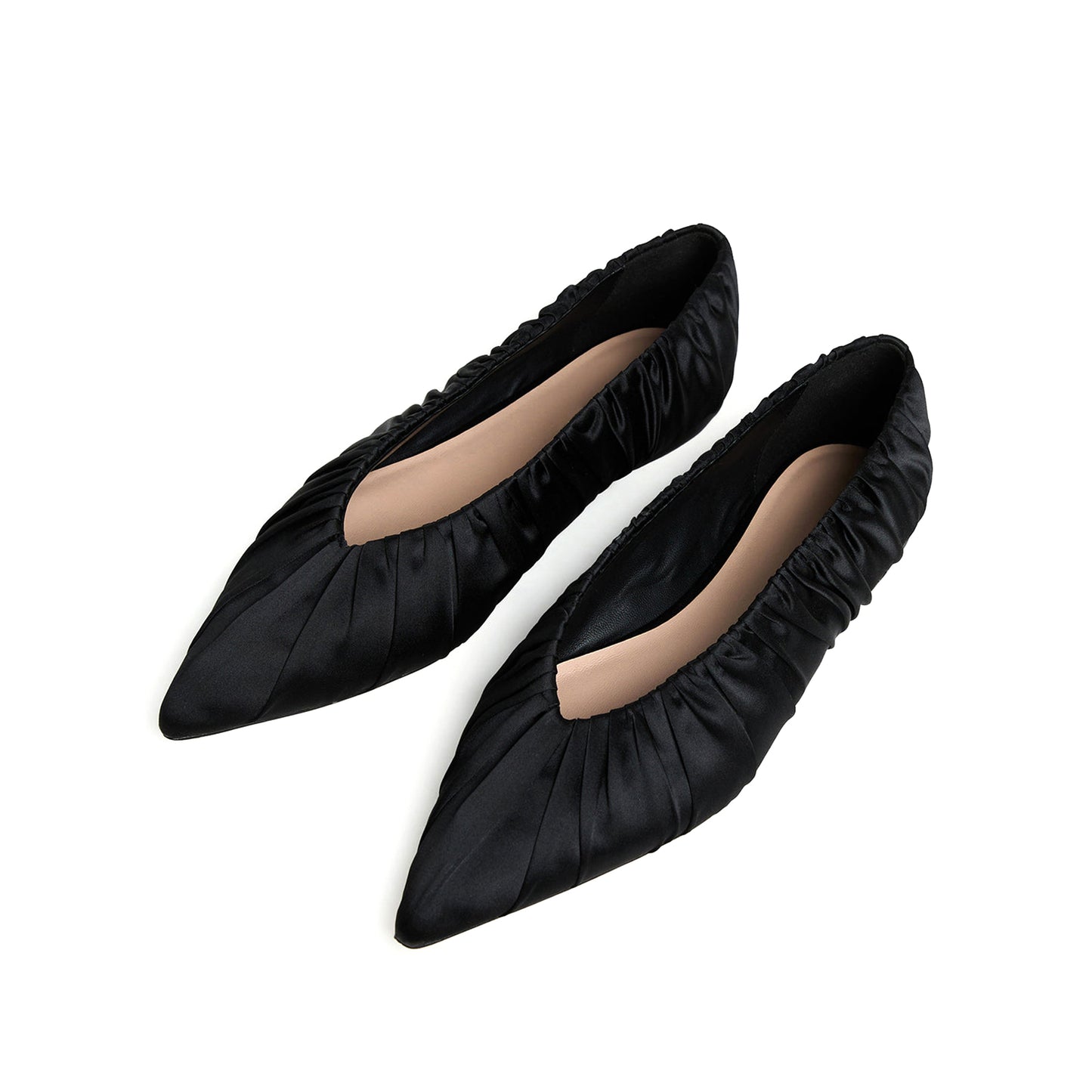 Black Satin Pointed-Toe Smocked Detail Slip-On Flats