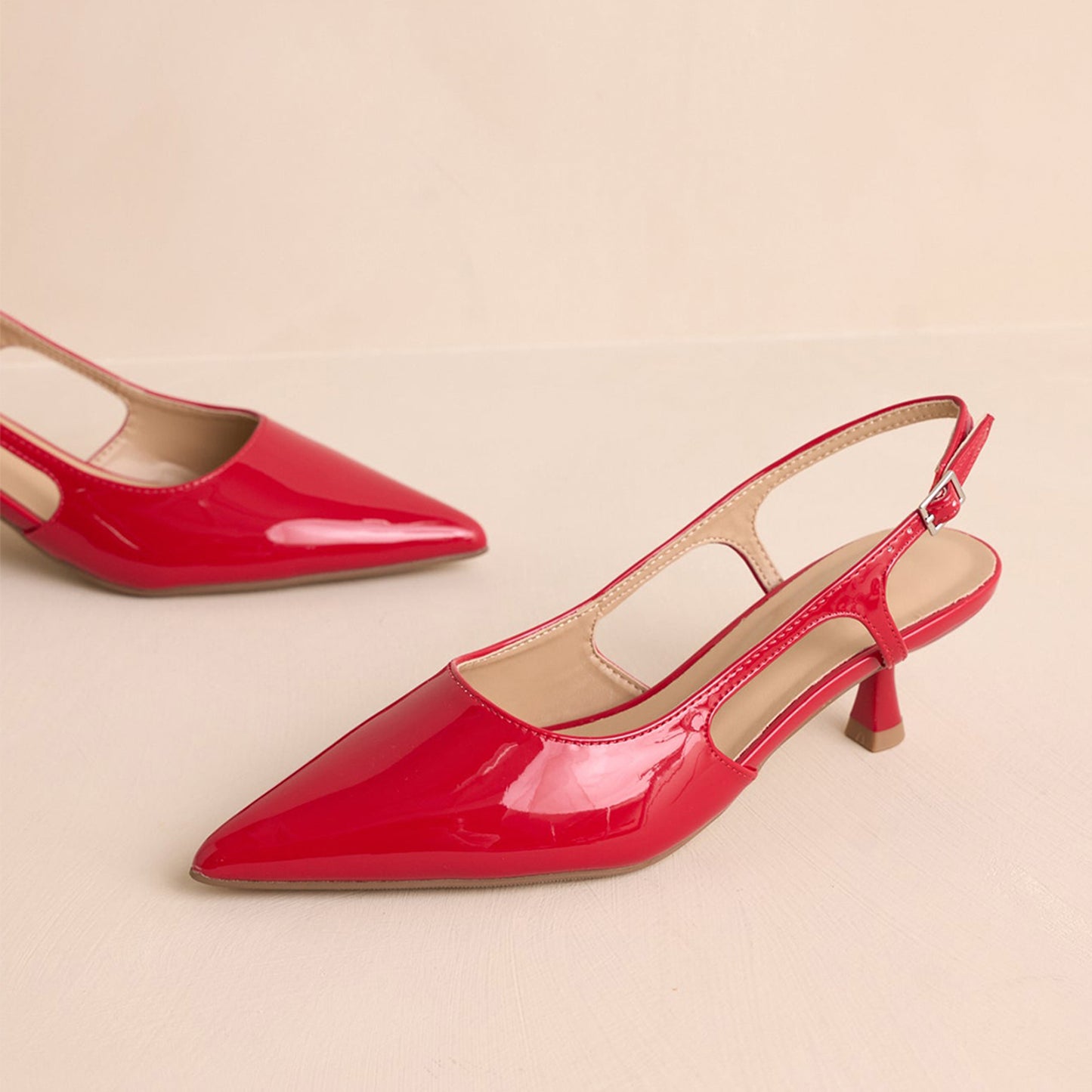 Patent Red Pointed-Toe Classic Slingback Kitten Heels