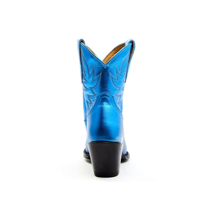 Metallic Royal Blue Almond-Toe Embroidery Ankle Cowgirl Boots