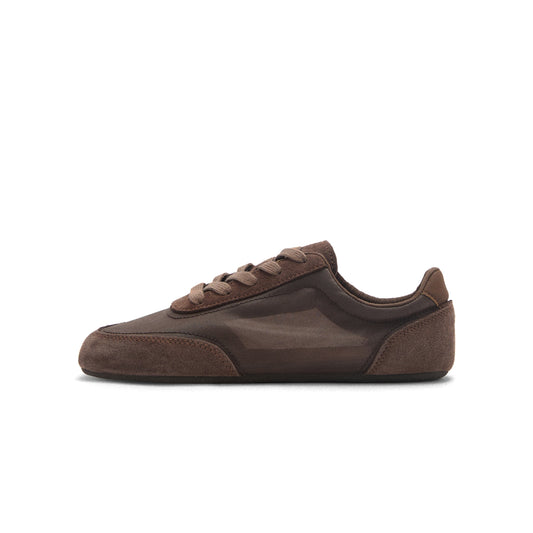 Chocolate Faux Suede And Mesh Round-Toe Lace-Up Sneakers Flats