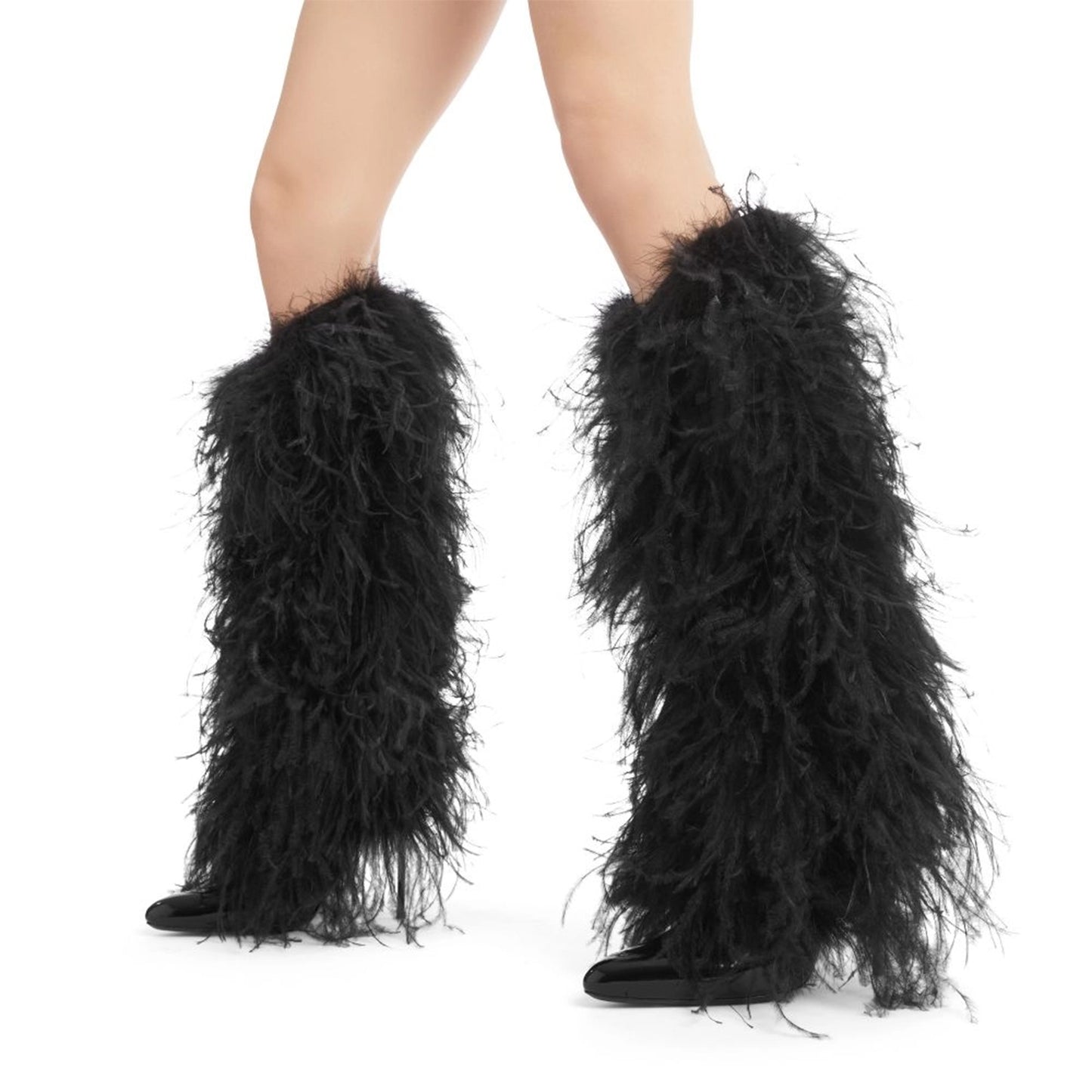 Patent Black Pointed-Toe Full Feather Wide Calf Knee High Stiletto Boots