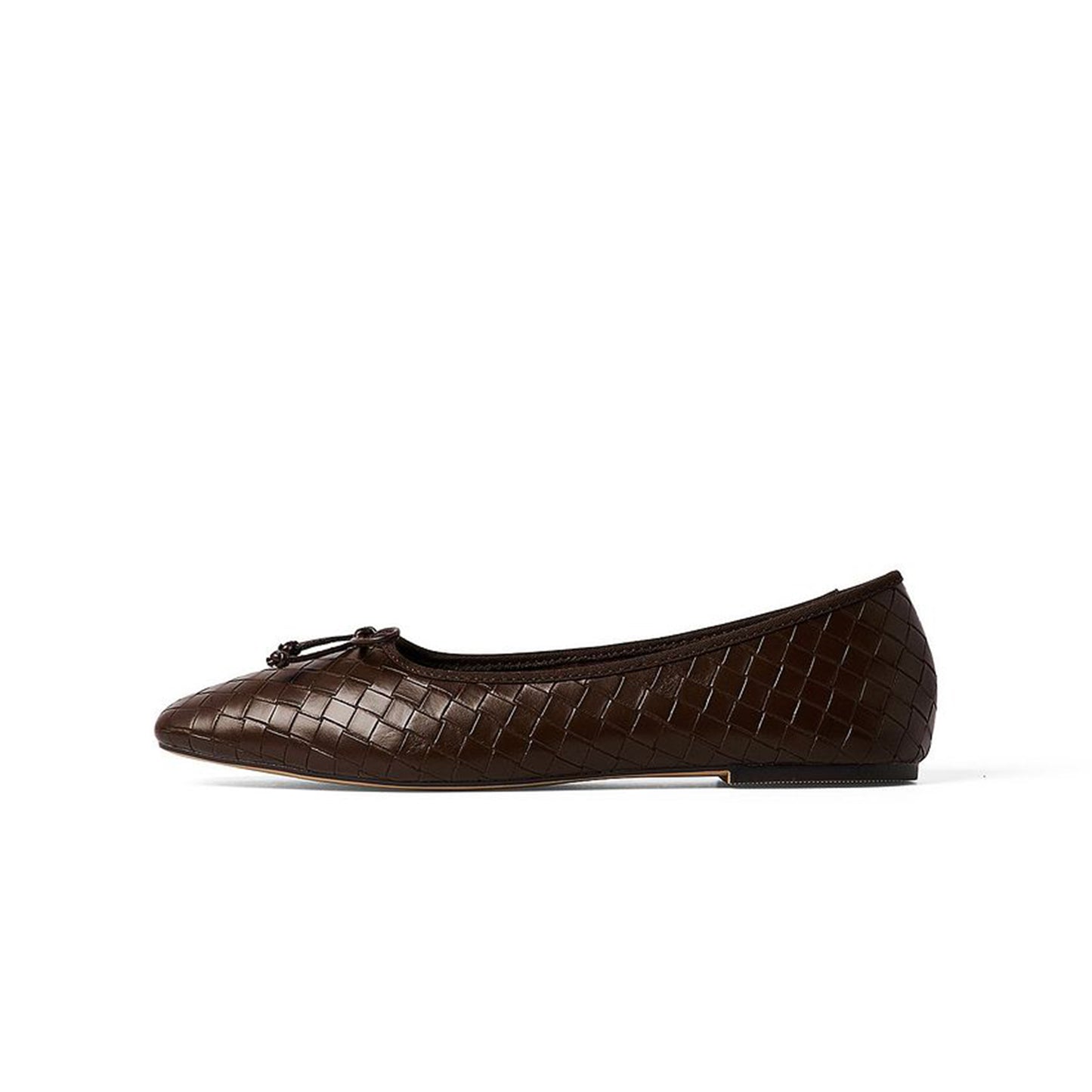 Dark Brown Vegan Leather Woven Square-Toe Front Bow Detail Ballet Flats