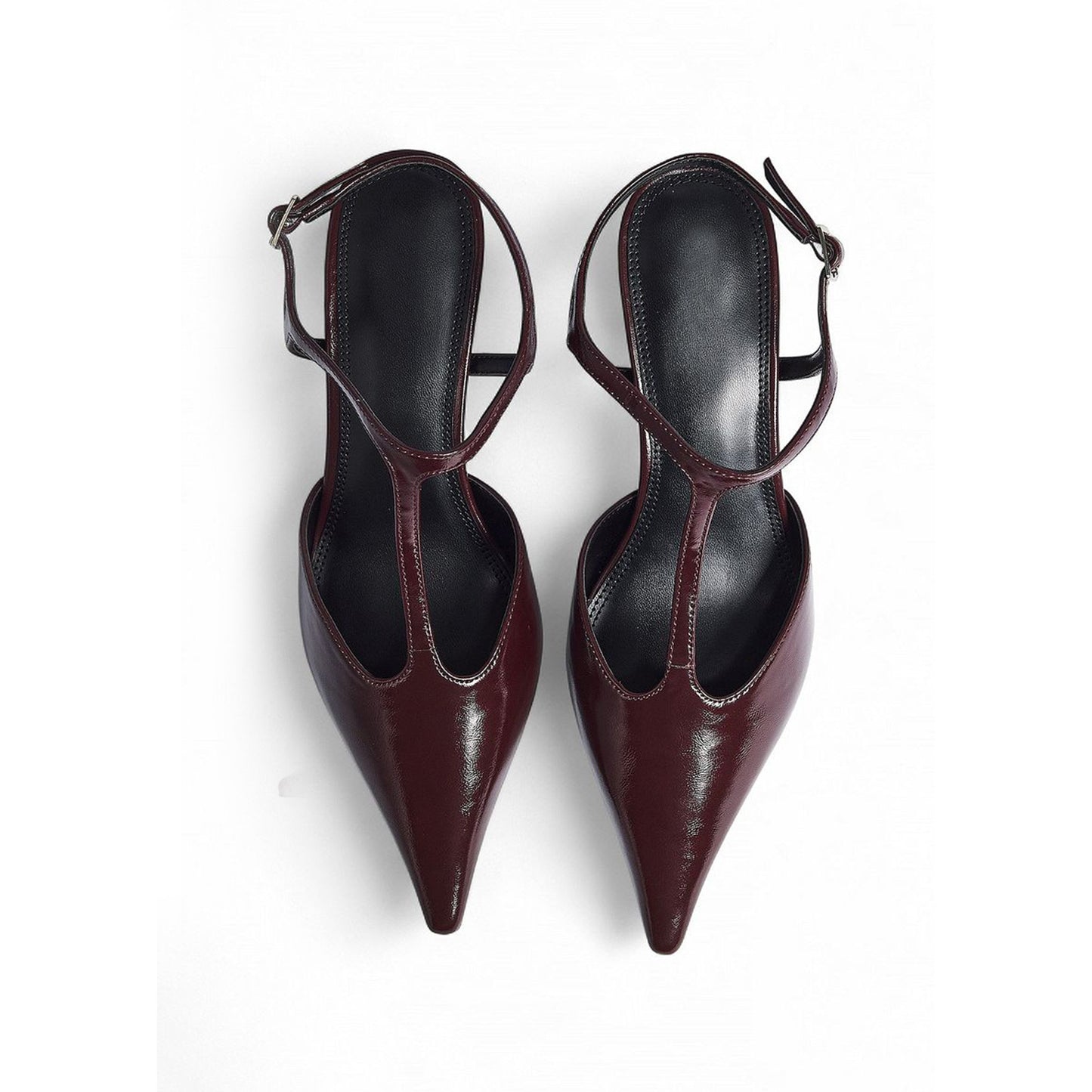 Burgundy Pointed-Toe T-Strap Ankle Strap Kitten Heels Pumps