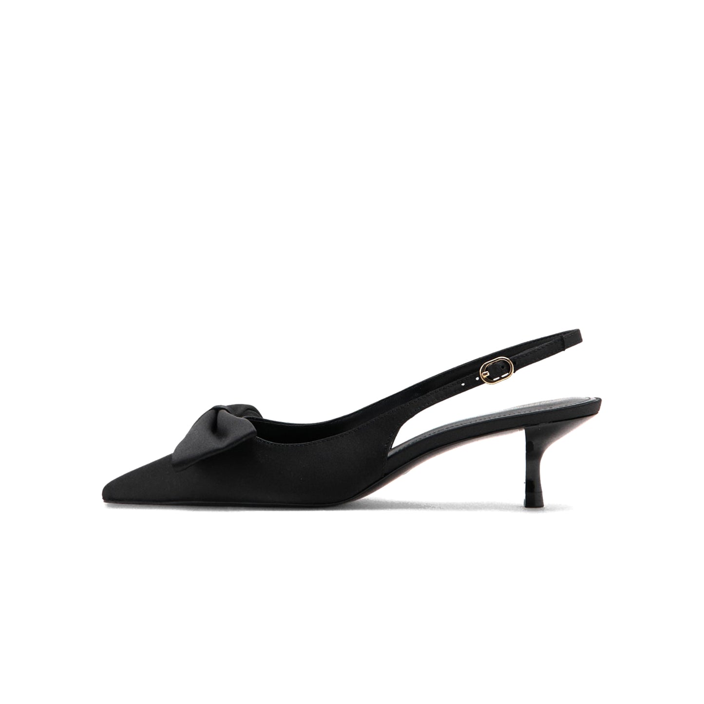 Black Satin Pointed-Toe Front Big Bow Buckle Slingback Kitten Heels