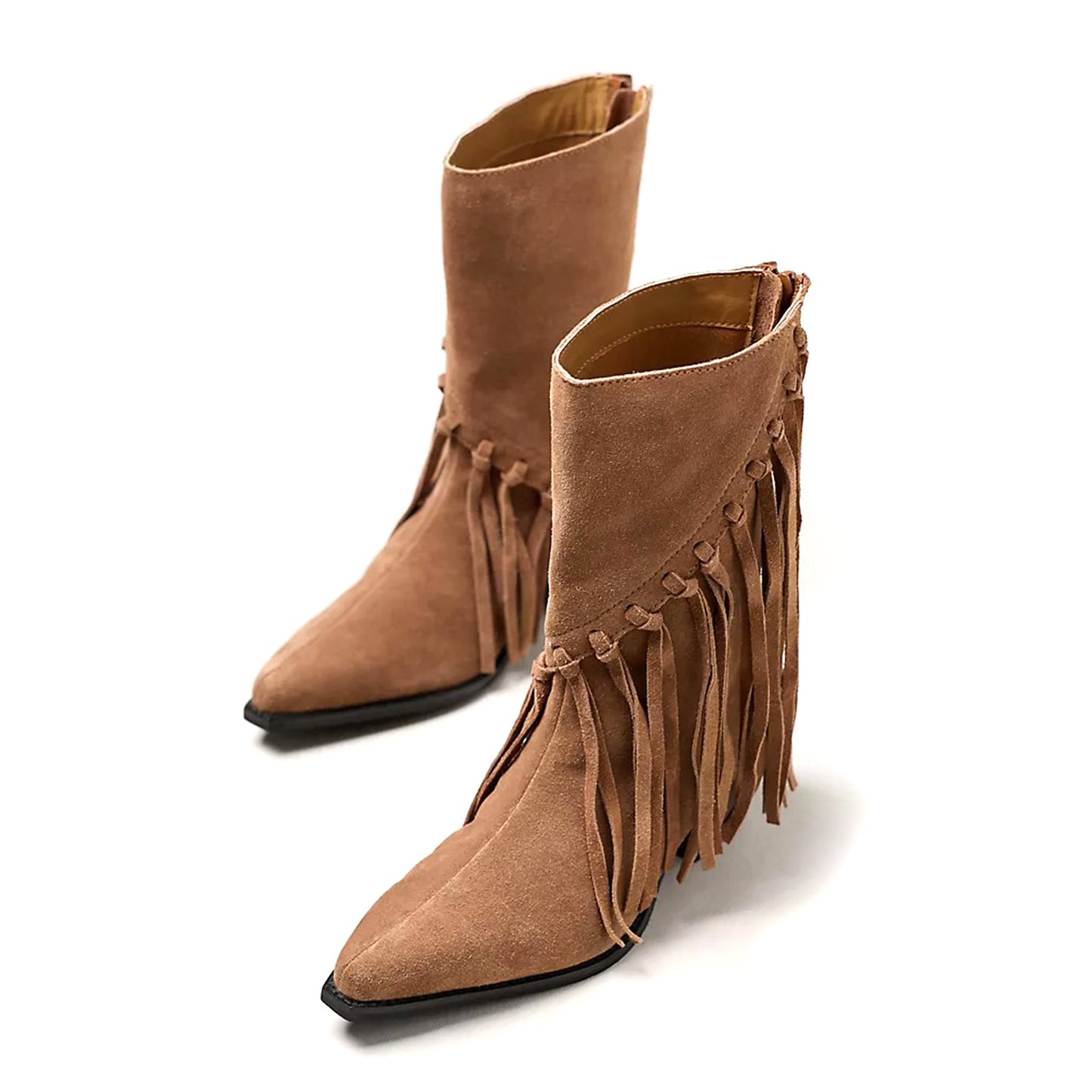 Camel Faux Suede Pointed-Toe Western Mid Calf Cowgirl Boots