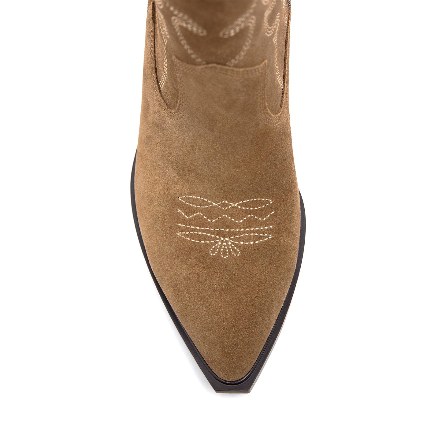 Camel Faux Suede Almond-Toe Embroidery Detail Full-Zip Ankle Cowgirl Boots