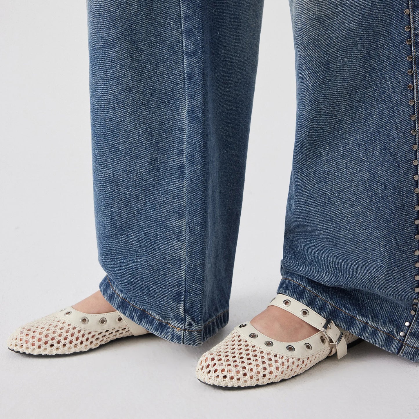 Cream Woven Mesh And Vegan Leather Round-Toe Eyelets Mary Jane Flats