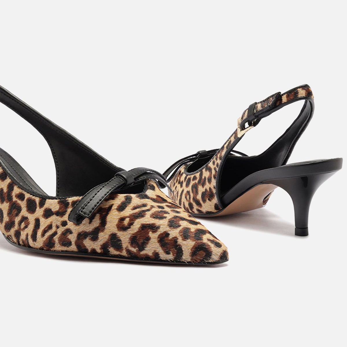 Leopard Pattern Pony Hair Vegan Leather Chic Pointed-Toe Front Bow Buckle Slingback Kitten Heels
