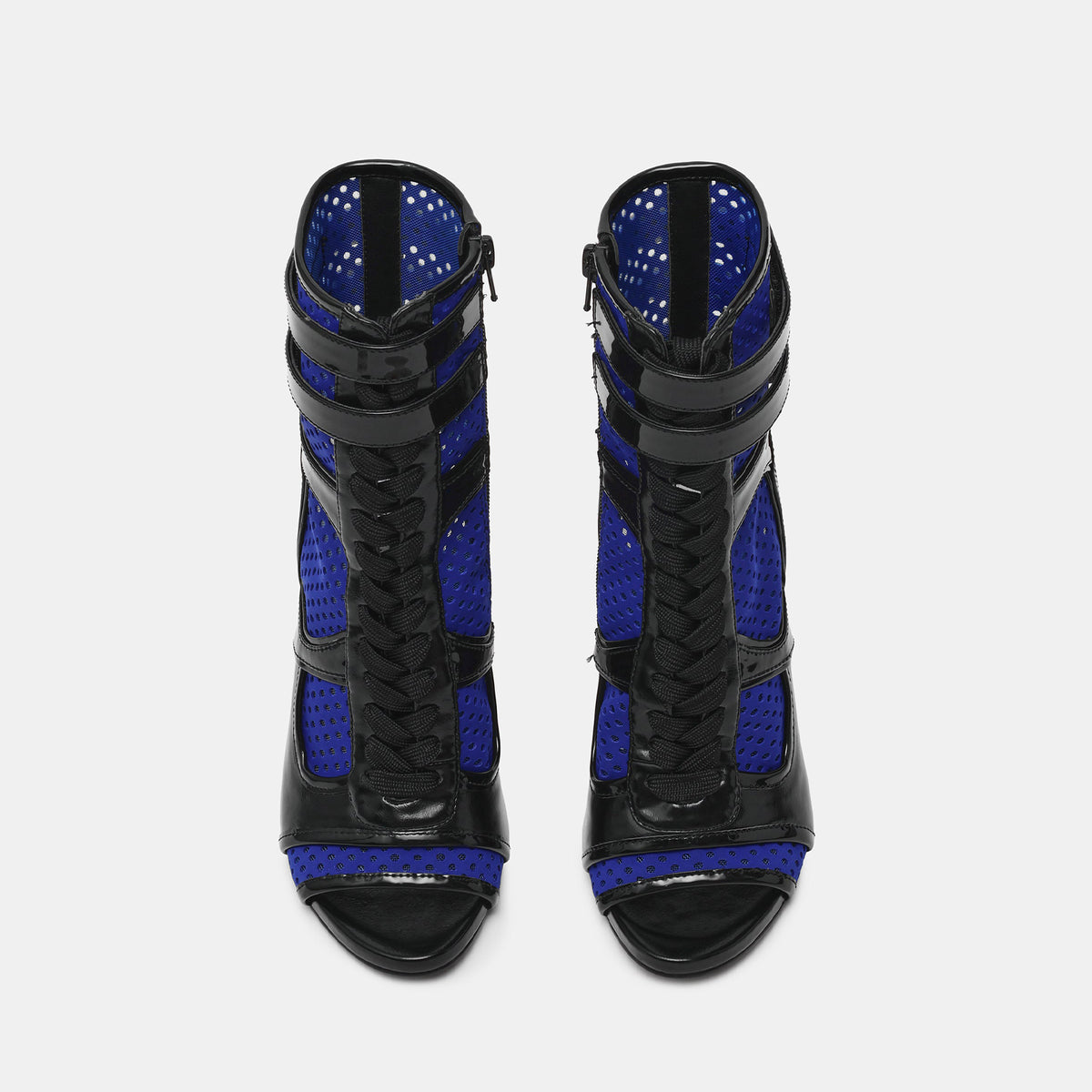 Black Vegan Leather And Blue Mesh Peep Round-Toe Front Lace-Up Strappy Side Full-Zip Stiletto Shoes