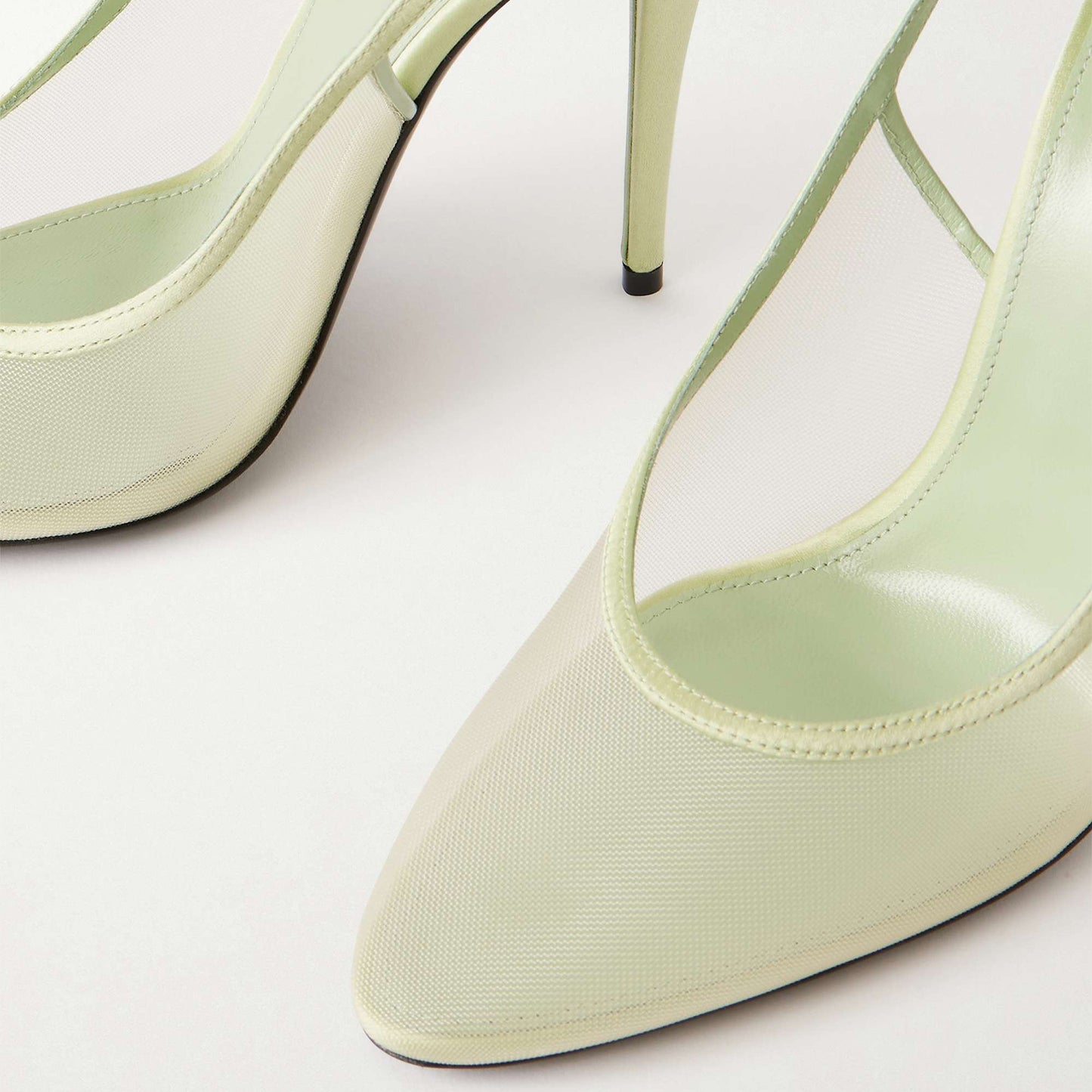 Green Satin-Trimmed Mesh Pointed-Toe Slingback High Heels