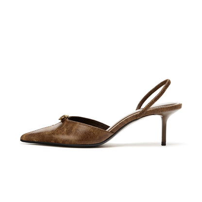 Distressed Brown Pointed-Toe Front Buckle Slingback Kitten Heels