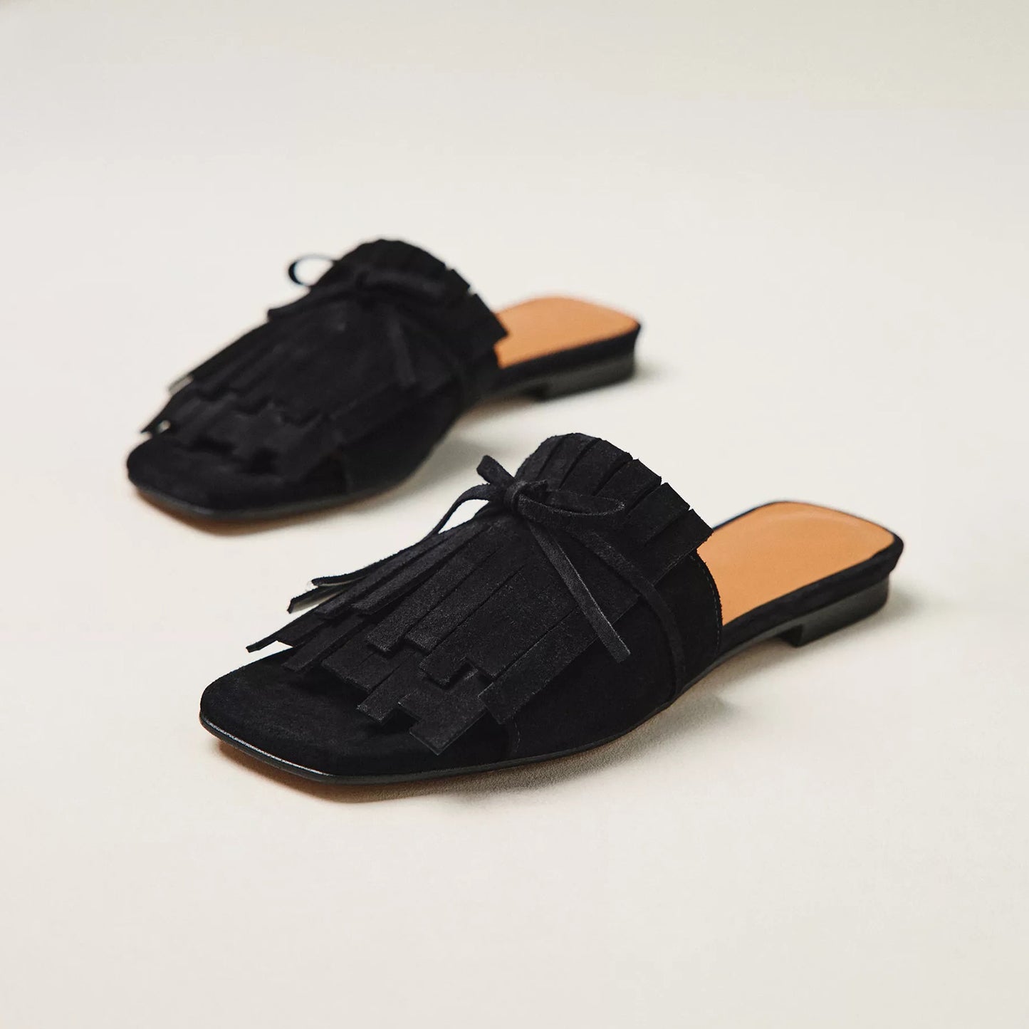 Black Faux Suede Peep Square-Toe Front Fringe And Bow Sandals Flats