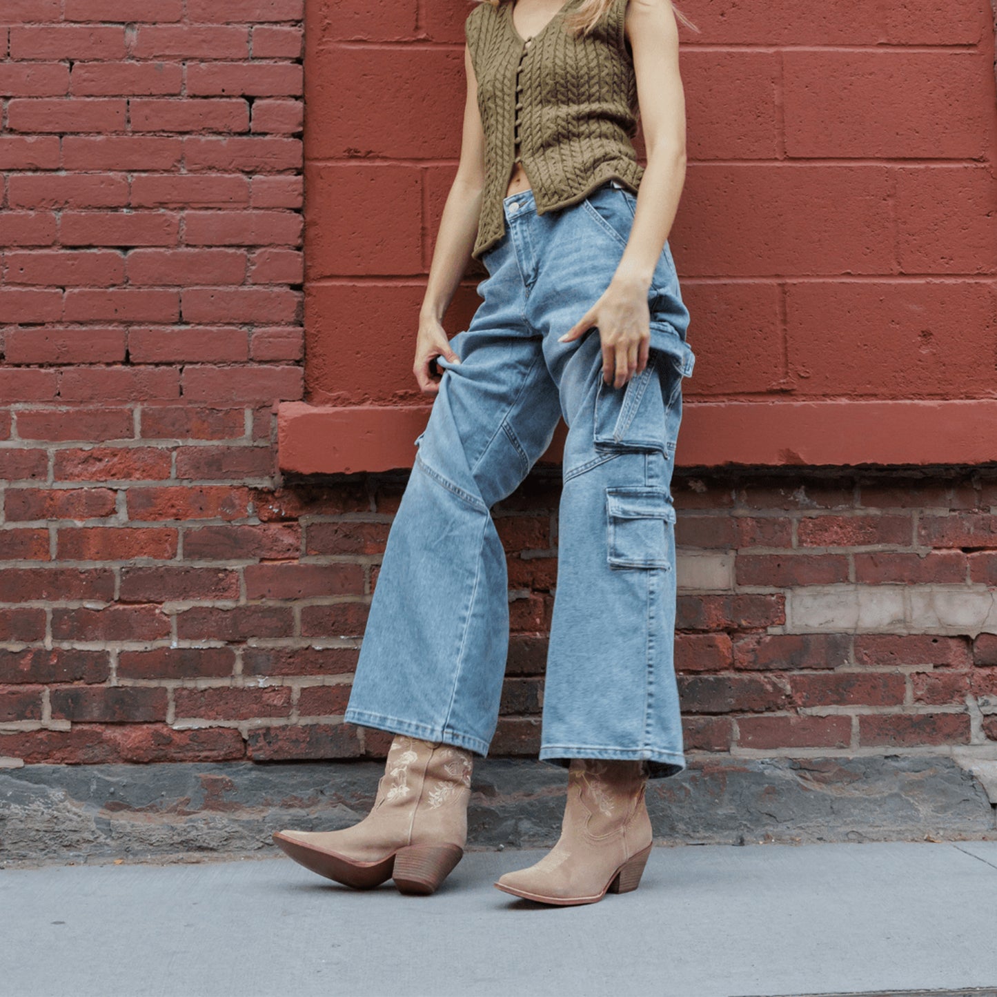 Taupe Faux Suede Round-Toe Chic Flowers Embroidery Ankle Cowgirl Boots