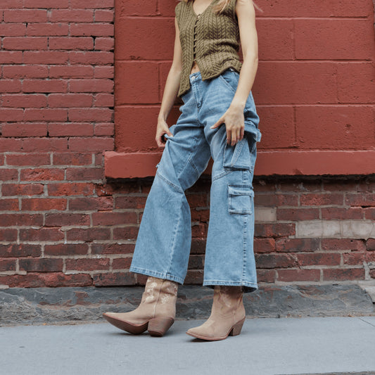 Taupe Faux Suede Round-Toe Chic Flowers Embroidery Ankle Cowgirl Boots